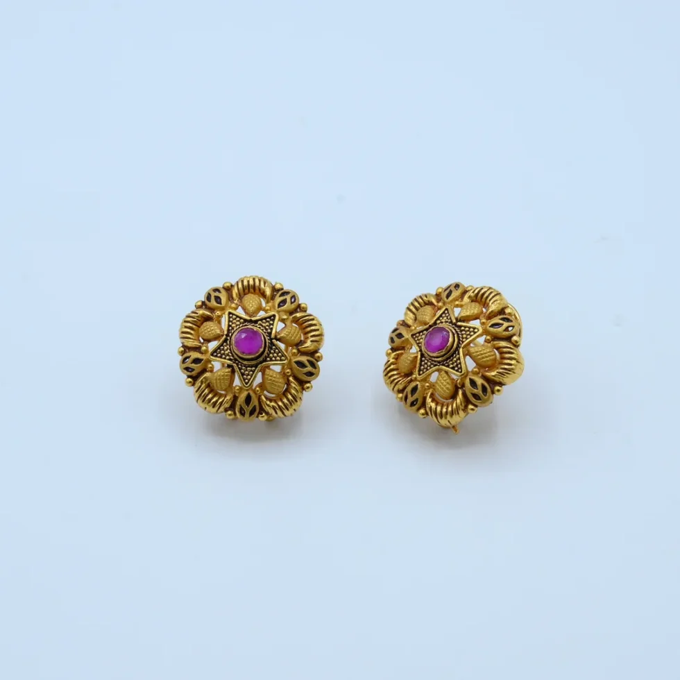 Gold Round Antique Ruby Stud Earrings