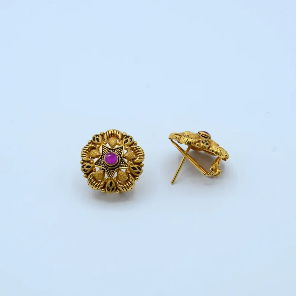 Gold Round Antique Ruby Stud Earrings