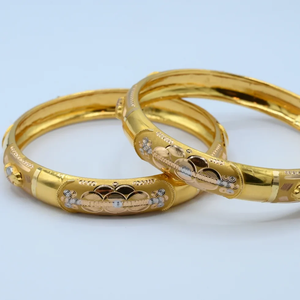 Gold Three-Tone Floral Engraved Kara