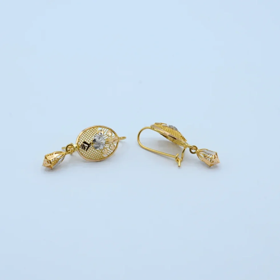 Gold Round Filigree Floral Drop Earrings