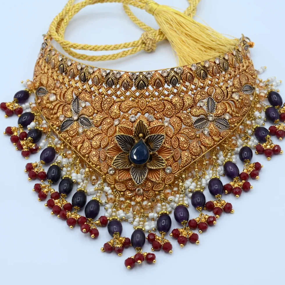 Gold Choker Set with Dark Blue Stones