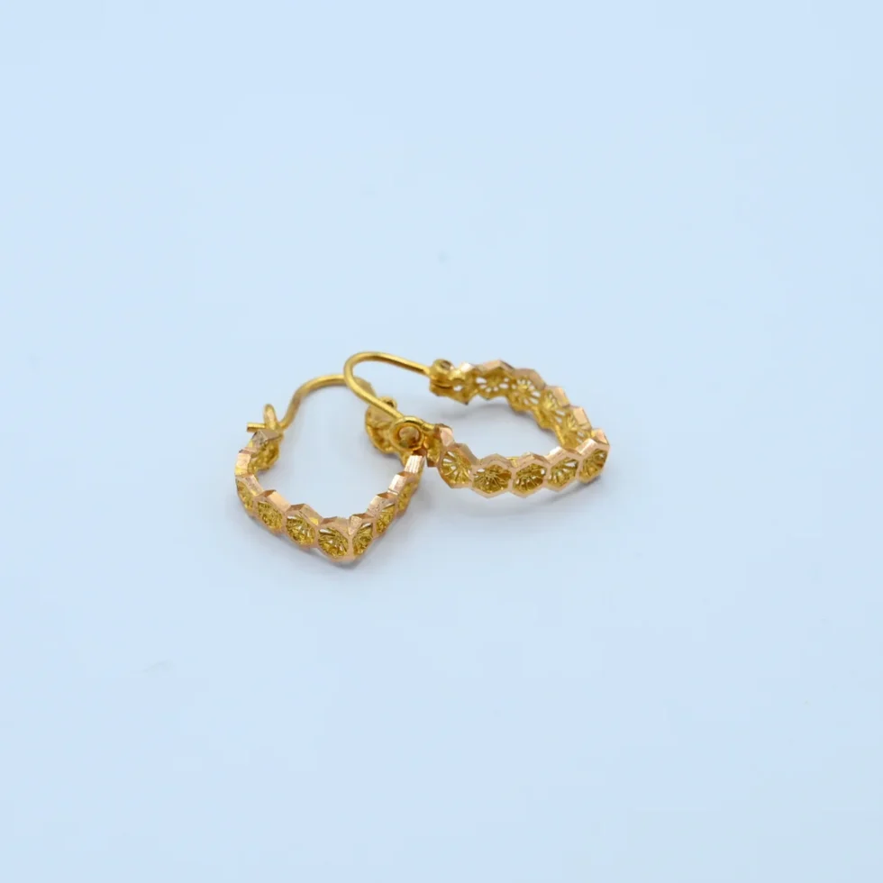 Gold Floral Hexagon Hoop Bali Earrings