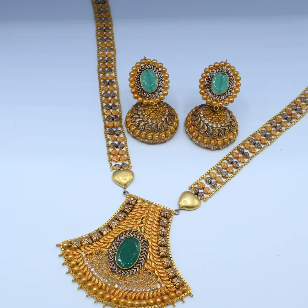 Gold Emerald Antique Jhumka Bridal Set