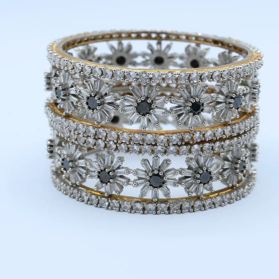 White Stone Floral Wide Bangles