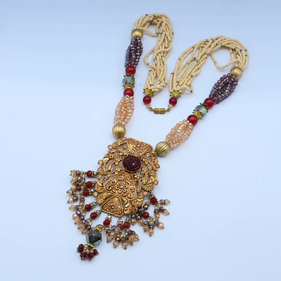 Gold Maroon Stone Beaded Multi-Layer Set