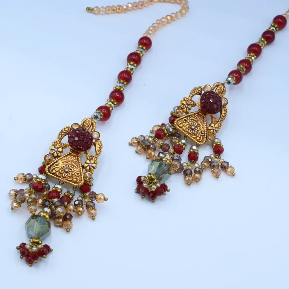Gold Maroon Stone Beaded Multi-Layer Set