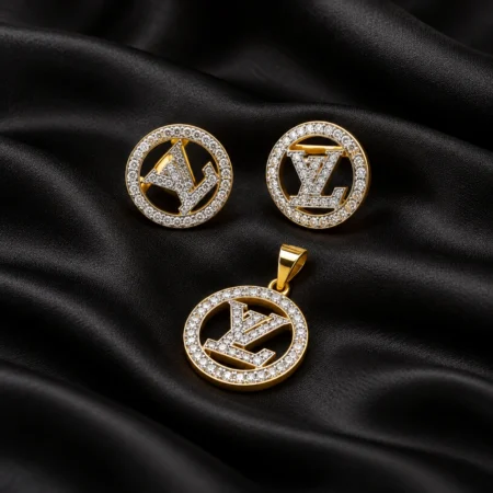 Initialia Halo Gold Pendant & Ear Stud Set